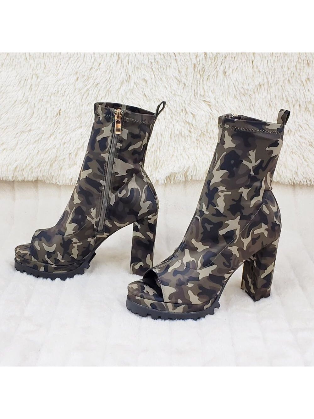 Natalie Camo Chunky Heel Stretch Open Toe Ankle Boots RESTOCKED - Picture 8 of 10